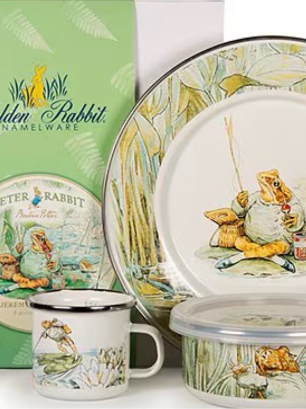 Vintage Great Baby Gift Golden Rabbit Enamelware Peter 3 piece set + gift box